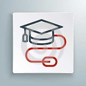 Line Graduation cap with mouse icon isolated on white background. World education symbol. Online learning or e-learning