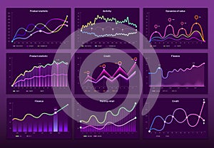 Line graph charts. Business financial graphs, marketing chart graphics and histogram infographic vector set