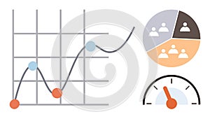 Data Metrics with Line Graph, Pie Chart, and Speedometer Gauge Visualization