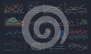 Line graph. Linear chart growth, business diagram graphs and colorful histogram graph isolated vector set