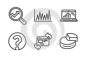 Line graph, Refresh website and Analytics icons set. Question mark, Graph laptop and Pie chart signs. Vector