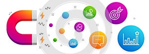 Line graph, Target and Report timer icons set. Blog, Pie chart and Efficacy signs. Market diagram, Targeting. Vector