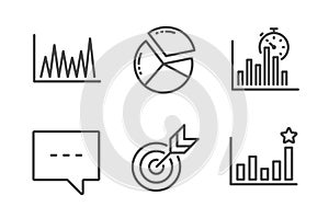 Line graph, Target and Report timer icons set. Blog, Pie chart and Efficacy signs. Market diagram, Targeting. Vector