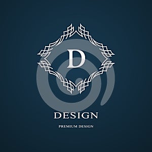 Line graphics monogram. Elegant art logo design. Letter D. Graceful template. Business sign, identity for Restaurant, Royalty, Bou