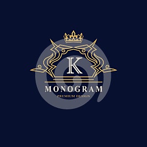 Line graphics monogram. Elegant art logo design. Letter K. Graceful template. Business sign, identity for Restaurant, Royalty, Bou