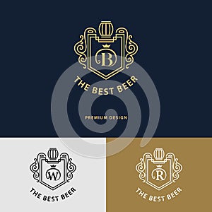 Line graphics monogram. Logo design. Flourishes frame ornament template with barrel for logos, labels, emblems for beer house,