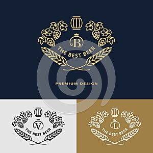 Line graphics monogram. Logo design frame ornament template with barrel