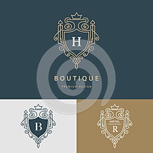 Line graphics monogram. Royal art logo design. Letter H, B, R. Graceful template. Business sign, identity for Restaurant