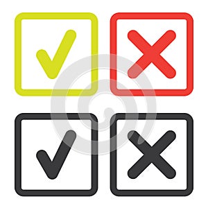 Line green check mark or check box icons set