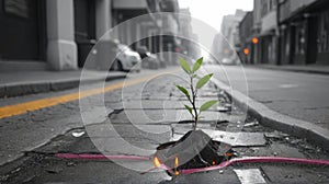 A line of green trees with leaves separates a busy city street with black asphalt from a sidewalk with fresh spring grass