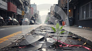 A line of green trees with leaves separates a busy city street with black asphalt from a sidewalk with fresh spring grass