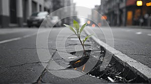 A line of green trees with leaves separates a busy city street with black asphalt from a sidewalk with fresh spring grass