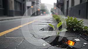 A line of green trees with leaves separates a busy city street with black asphalt from a sidewalk with fresh spring grass