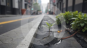 A line of green trees with leaves separates a busy city street with black asphalt from a sidewalk with fresh spring grass