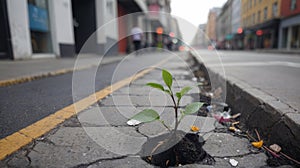 A line of green trees with leaves separates a busy city street with black asphalt from a sidewalk with fresh spring grass