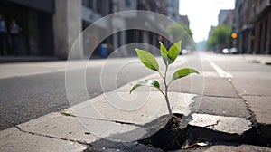 A line of green trees with leaves separates a busy city street with black asphalt from a sidewalk with fresh spring grass