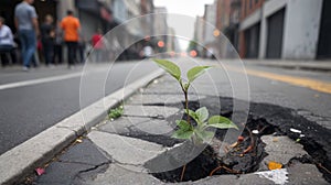 A line of green trees with leaves separates a busy city street with black asphalt from a sidewalk with fresh spring grass