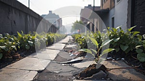 A line of green trees with leaves separates a busy city street with black asphalt from a sidewalk with fresh spring grass