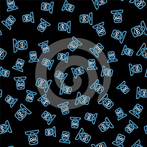 Line Hacker or coder icon isolated seamless pattern on black background. Programmer developer working on code, coding