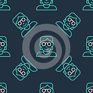 Line Hacker or coder icon isolated seamless pattern on black background. Programmer developer working on code, coding
