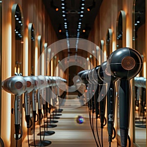 A line of hair dryers arranged in a hallway for use, A row of hair dryers lined up in front of a long row of mirrors, creating a photo