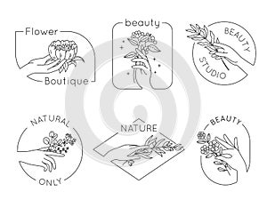 Line hand and flower logos. Floral beauty salon, spa and cosmetics logo with woman hands. Emblems for natural handmade