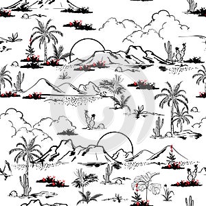 Line hand sketch vector desert Cactus and mountains and flowers samless pattern vector,Design for fashion , fabric, textile,