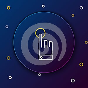 Line Hand touch and tap gesture icon isolated on blue background. Click here, finger, touch, pointer, cursor, mouse