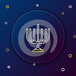 Line Hanukkah menorah icon isolated on blue background. Hanukkah traditional symbol. Holiday religion, jewish festival