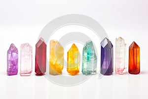 a line of healing crystals on a white background