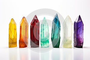 a line of healing crystals on a white background