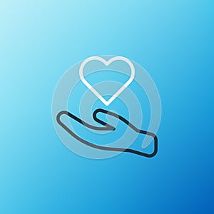 Line Heart in hand icon isolated on blue background. Hand giving love symbol. Valentines day symbol. Colorful outline