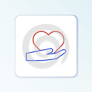 Line Heart in hand icon isolated on white background. Hand giving love symbol. Valentines day symbol. Colorful outline