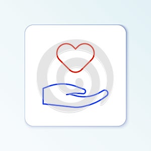 Line Heart in hand icon isolated on white background. Hand giving love symbol. Valentines day symbol. Colorful outline