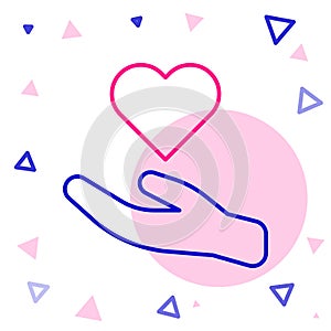 Line Heart in hand icon isolated on white background. Hand giving love symbol. Valentines day symbol. Colorful outline