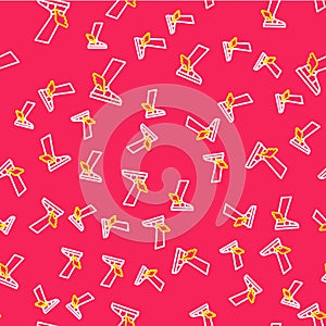 Line Hermes sandal icon isolated seamless pattern on red background. Ancient greek god Hermes. Running shoe with wings