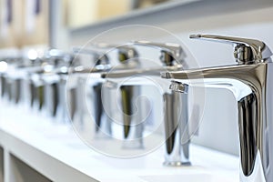 line of highend designer faucets under bright store lighting