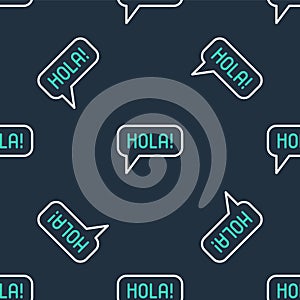 Line Hola in different languages icon isolated seamless pattern on black background. Speech bubbles. Vector
