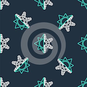 Line Hot and cold symbol. Sun and snowflake icon isolated seamless pattern on black background. Winter and summer symbol