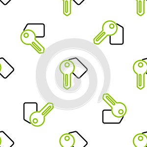 Line Hotel door lock key icon isolated seamless pattern on white background. Vector