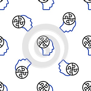 Line Human head puzzles strategy icon isolated seamless pattern on white background. Thinking brain sign. Symbol work of