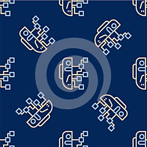 Line Humanoid robot icon isolated seamless pattern on blue background. Artificial intelligence, machine learning, cloud