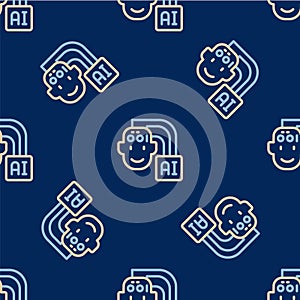 Line Humanoid robot icon isolated seamless pattern on blue background. Artificial intelligence, machine learning, cloud