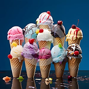 A line of ice cream cones of various flavours . AI generated.