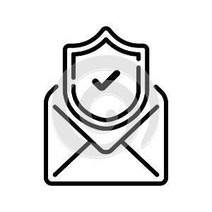 line icon design of read or open email with notif of verified security protection shield