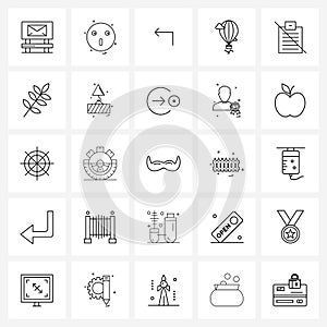 Line Icon Set of 25 Modern Symbols of clipboard, transport, shocking, travel, hot air balloon