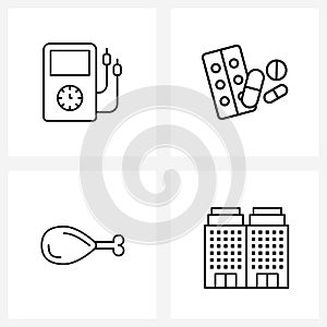 Line Icon Set of 4 Modern Symbols of ampere; hot; voltmeter; pills; buildings