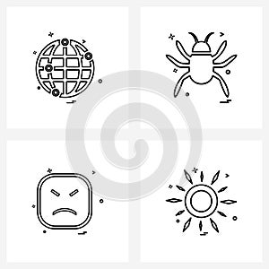 Line Icon Set of 4 Modern Symbols of world, emoji, internet, spider, emotions