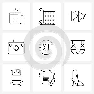 Line Icon Set of 9 Modern Symbols of out, exit, arrow, doctor, first aid box