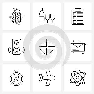 Line Icon Set of 9 Modern Symbols of woofer, music, glass, audio, list